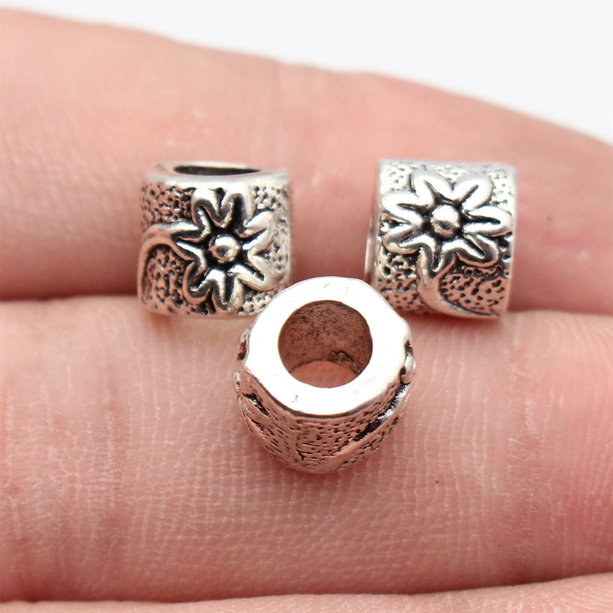 10x9.7x8.2mm 2g Antique Silver Zinc Alloy Flower Pattern Large Hole Beads for DIY Jewelry Making