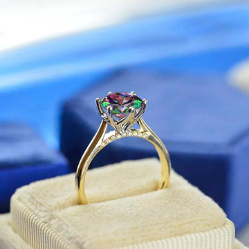 Gold Tone Rainbow Crystal Six Prong Ring Polished Statement Fashion Jewelry