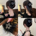 Black Feather Rhinestone Five Petal Flower Shark Claw Clip view 1