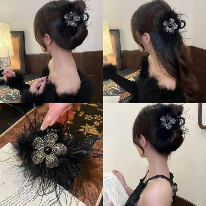 Black Feather Rhinestone Five Petal Flower Shark Claw Clip