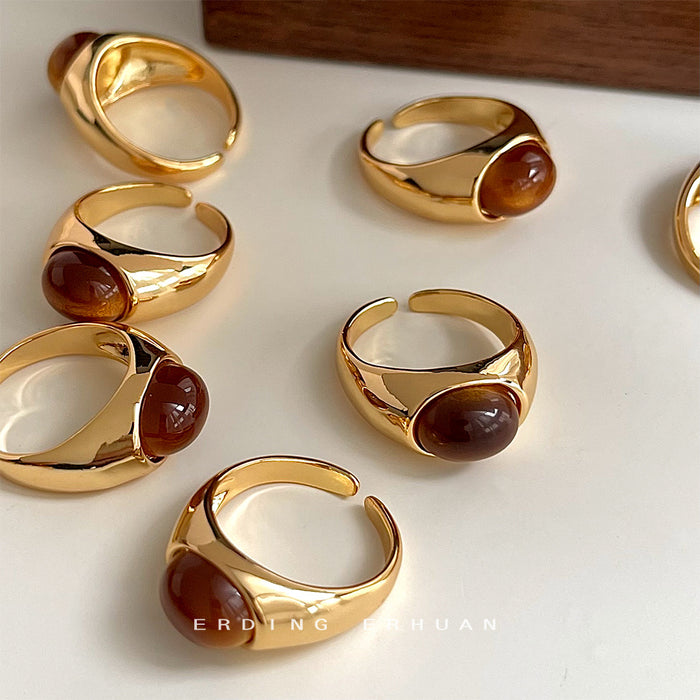Gold Tone Chunky Open Adjustable Ring With Amber Brown Oval Stone