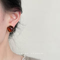 Gold Rim Brown Resin Round Geometric Stud Earrings Pair view 3