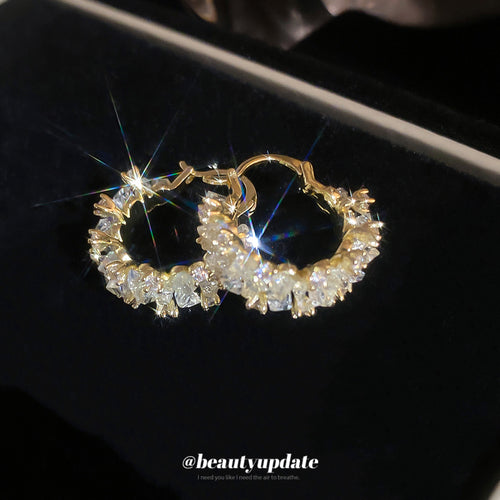 Gold Tone Crystal Paved Floral Statement Hoop Earrings in arranged product view