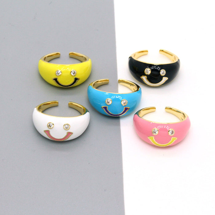 Gold Tone Wide Enamel Crystal Smiley Adjustable Rings in Five Colors
