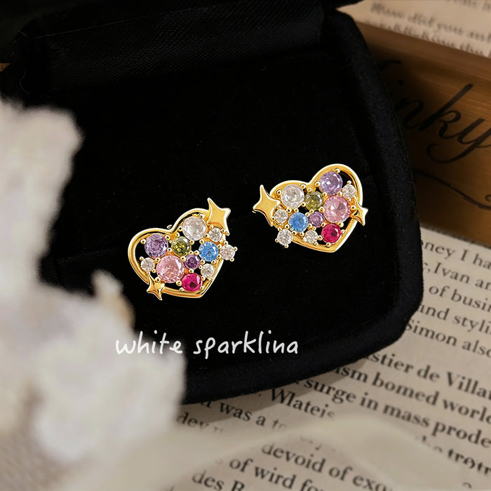 Gold Tone Multicolor Stone Heart And Star Stud Earrings
