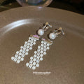 Silver Pearl Rhinestone Multi Row Choker Tassel Clip Earrings view 4