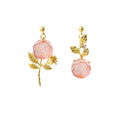 Pink Rose Stem Asymmetrical Gold Tone Stud Earrings view 5