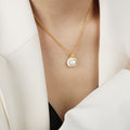 Gold Tone Oval Pendant Necklace Green Stone White Shell view 3