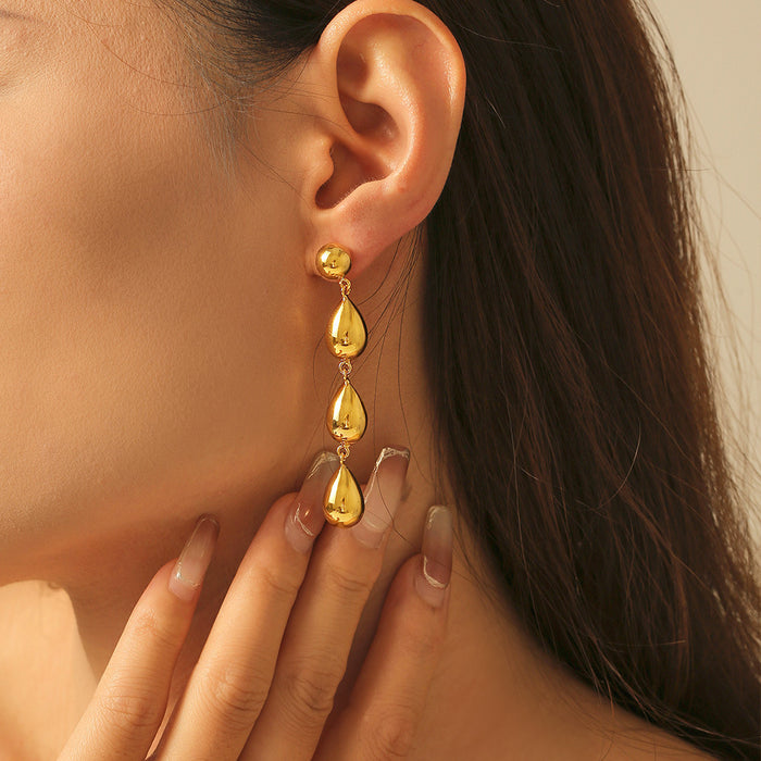 Gold And Steel Teardrop Dangle Earrings Three Drop Chain