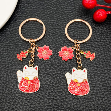Red Lucky Cat Koi Blossom Fortune Metal Keychain Pair