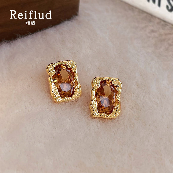 Champagne Amber Rectangle Crystal Stud Earrings Gold Frame