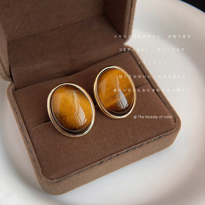 Gold Tone Brown Tiger Stripe Oval Stone Stud Earrings
