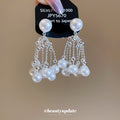 White Pearl And Silver Tone Chain Fringe Drop Earrings view 2