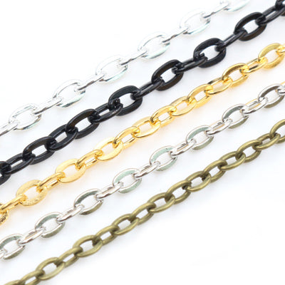 Image 1 showing flattened oval link metal chain in two sizes and five finishes in the pictured colors and forms
