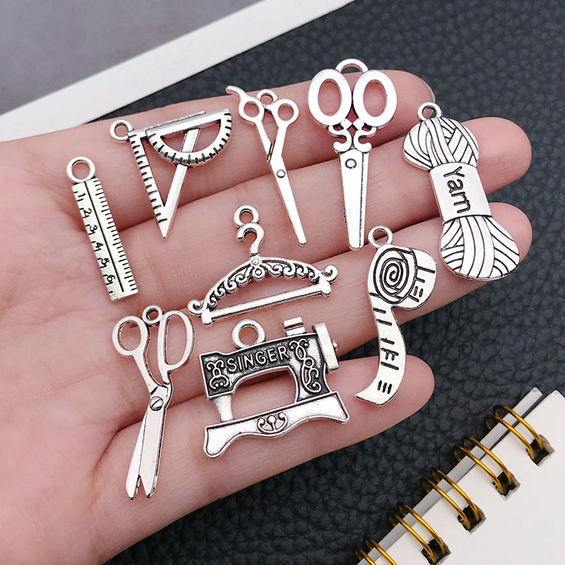 Antique Silver Zinc Alloy Sewing Machine Scissors Button Needle Charm Pendant for DIY Jewelry