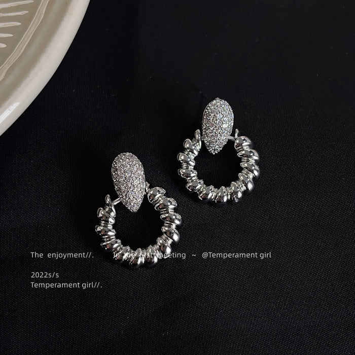 Silver Pave Teardrop Stud Beaded Circle Drop Earrings