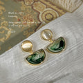 Gold Tone Cream Round And Translucent Green Half Circle Drop Earrings view 4