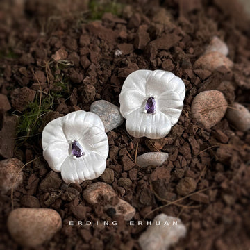 Matte Silver Flower Stud Earrings Purple Teardrop Stone