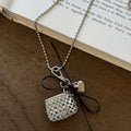 Silver Ball Chain Mesh Heart Bag Pendant Necklace Two Bows view 7