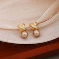 Crossed Gold Ribbon Champagne Pearl Look Stud Earrings view 3