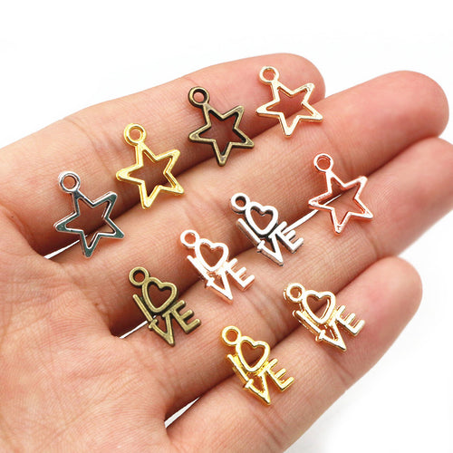 Open star and love charms showing assorted shapes and finishes