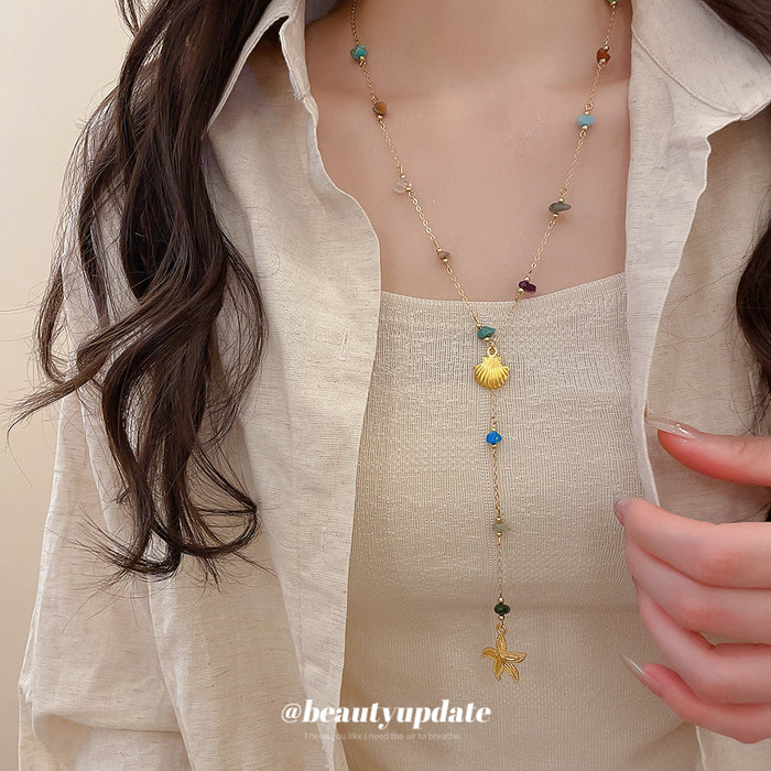 Delicate Beaded Lariat Necklace with Shell and Starfish Charms