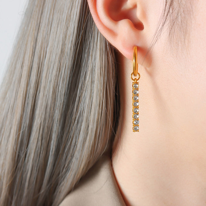 Gold Hoop Earrings Rhinestone Vertical Bar Drop Charm