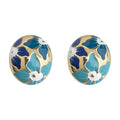Gold Edged Blue Teal And White Floral Oval Dome Stud Earrings view 5