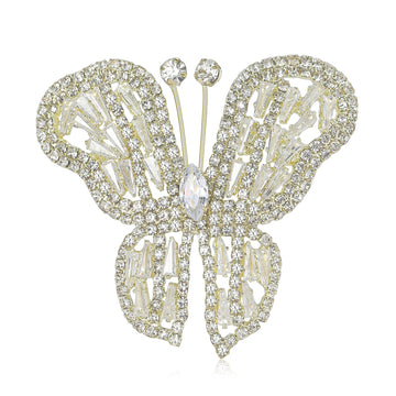 Large Crystal Butterfly Brooch in Pale Gold or Silver Tone