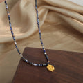 Blue Multicolor Bead Necklace Gold Oval Relief Medal view 4