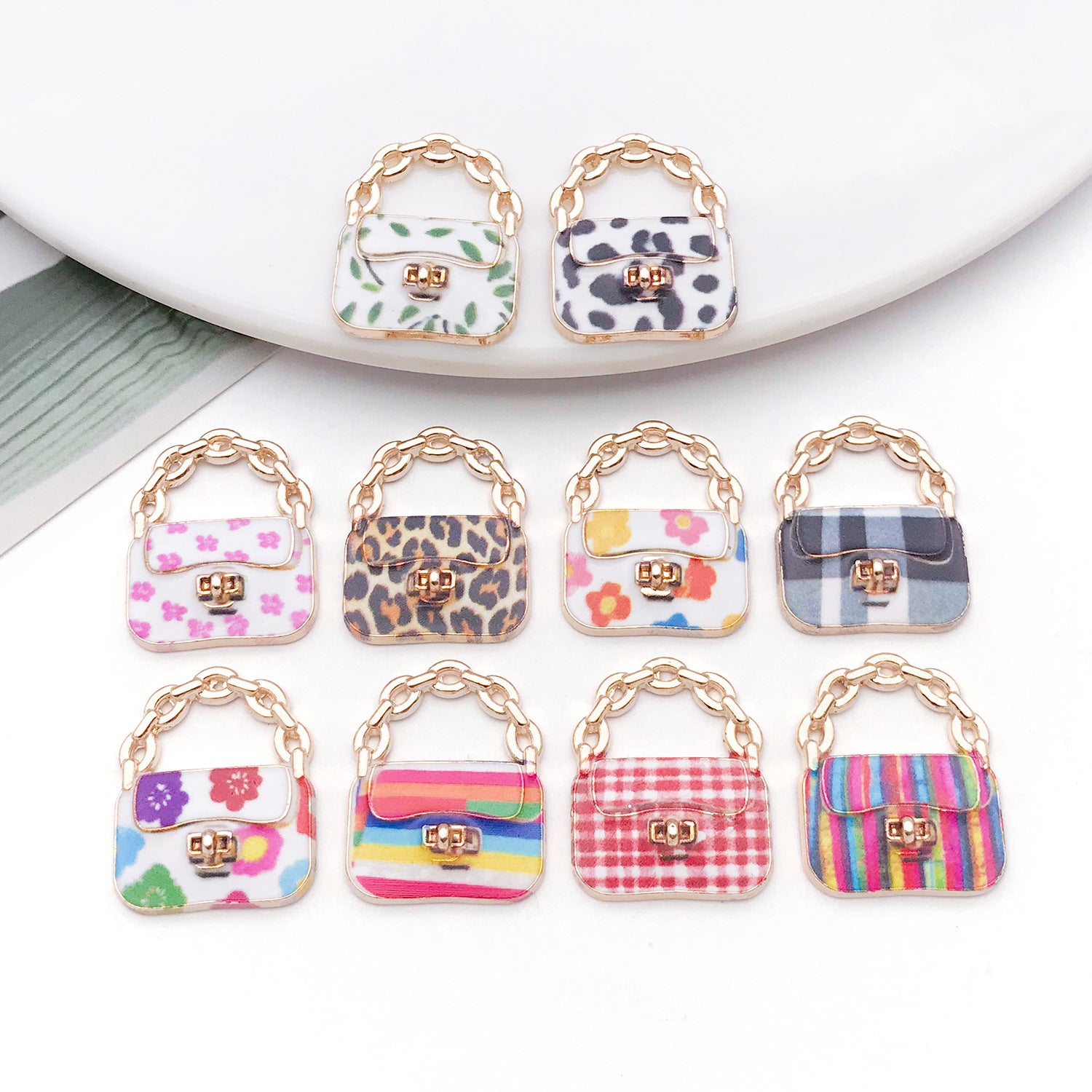 Enamel Printed Zinc Alloy Handbag Charm Pendants for Earrings Necklace Keychain Making