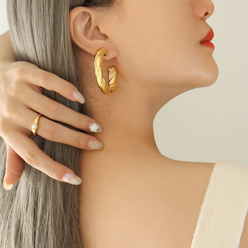Large Twisted Rope C-Hoop Earrings Gold and Steel Pair