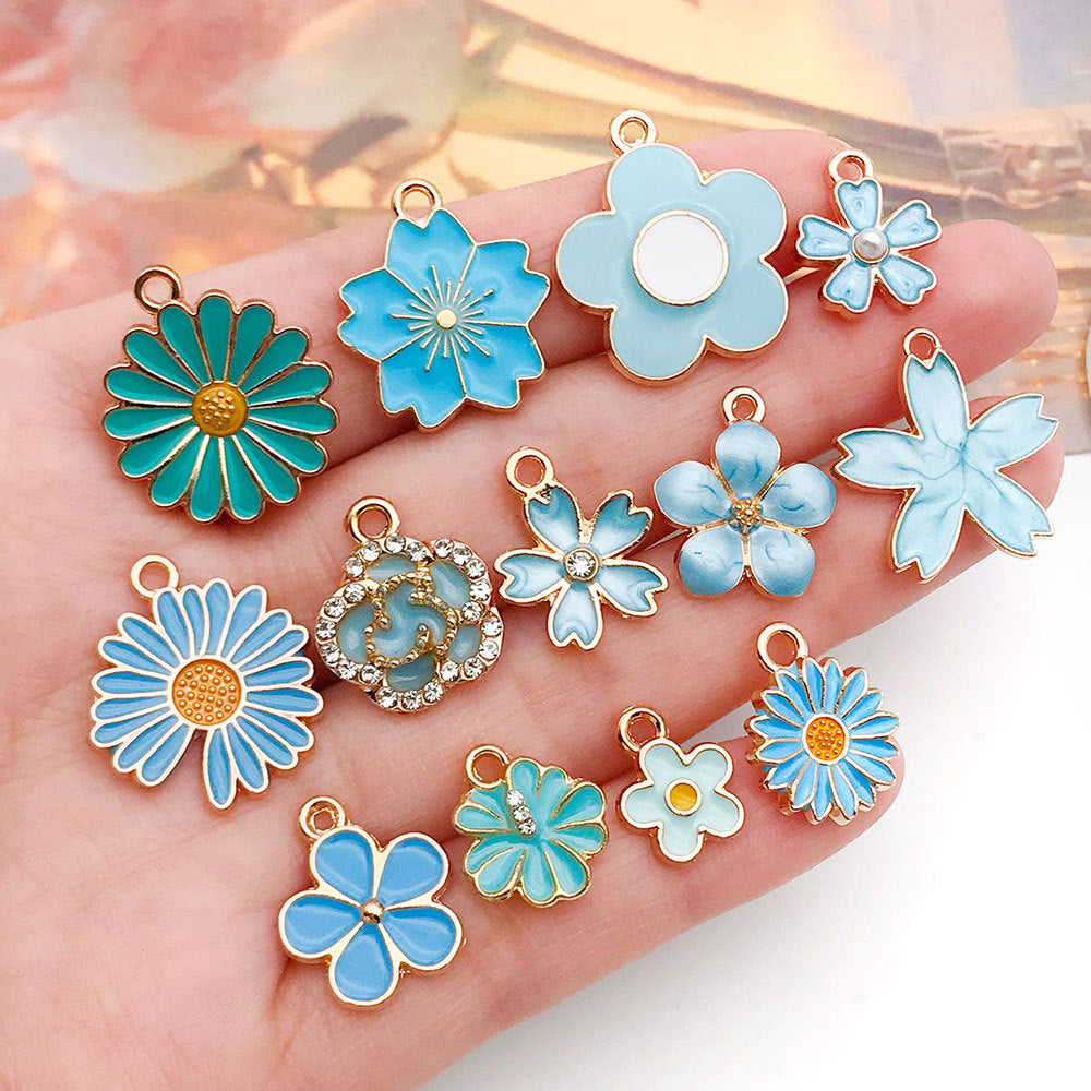 Lake Blue Enamel Zinc Alloy Daisy Rose Flower Charm Pendants for DIY Keychain Jewelry
