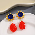 Gold Sun Flower Drop Earrings Red Teardrop Blue Green view 6