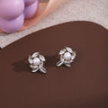 Silver Tone Leaf Pearl Look Floral Small Stud Earrings view 1