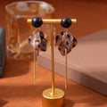 Brown Leopard Petal Black Bead Long Bar Stud Earrings view 2