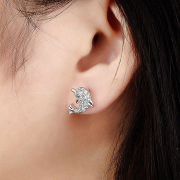 Silver Tone Pave Clear CZ Dolphin Stud Earrings Pair