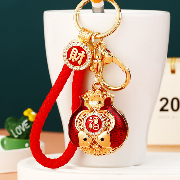 Jeweled Double Fish Fortune Pouch Keychains with Three Wrist Loop Only Options