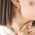 Gold Steel Double Row Beaded C Hoop Stud Earrings Brass view 3
