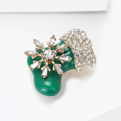 Crystal Trimmed Christmas Stocking Brooch in Red and Green front view on a white background