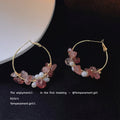Gold Hoop Earrings Pink Stone Chip Pearl Cluster Pair view 2