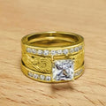 Princess Cut Triple Band Ring Set Silver Gold Engraved view 6