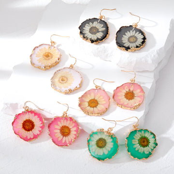 Gold Tone Irregular Pressed Daisy Resin Hook Earrings in Five Colors