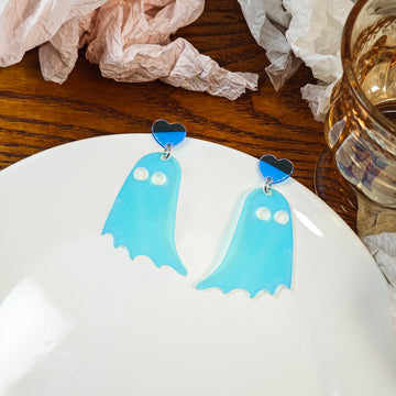 Iridescent Blue Acrylic Ghost Drop Earrings Heart Posts