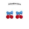 Light Blue Bow Red Textured Cherry Drop Stud Earrings view 1