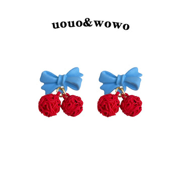 Light Blue Bow Red Textured Cherry Drop Stud Earrings