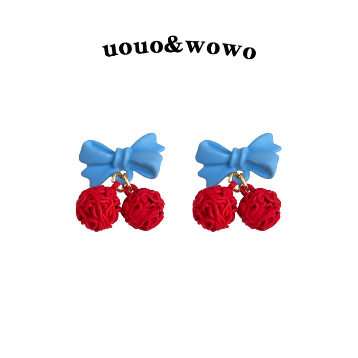 Light Blue Bow Red Textured Cherry Drop Stud Earrings