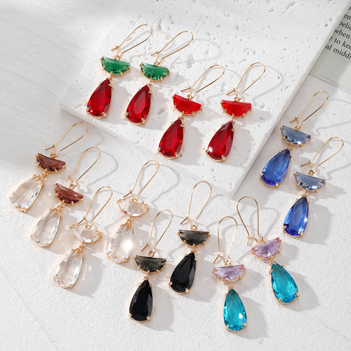 Assorted half-moon teardrop crystal drop earrings in multiple color combos