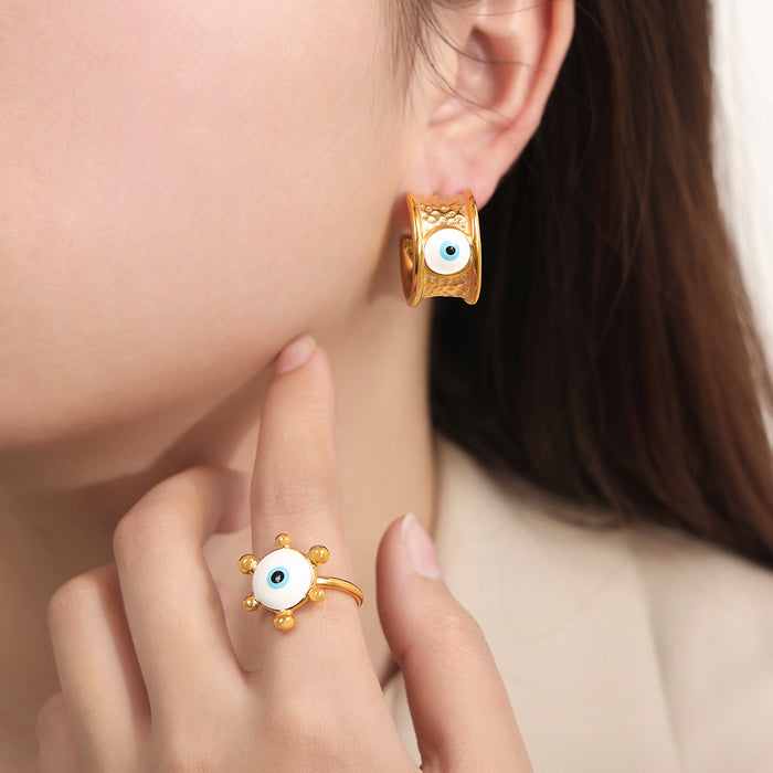Gold Hammered Evil Eye Hoop Earrings And Beaded Eye Rings