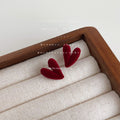 Flocked Velvet Heart Stud Earrings in Wine Red Black view 3